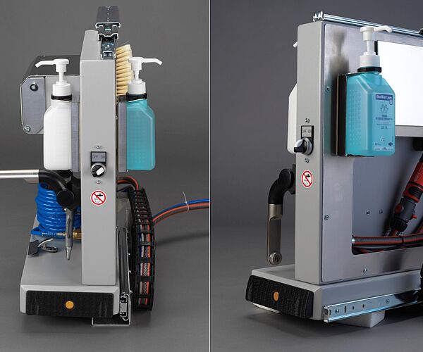 Die ausziehbare Hygiene-Station zeigt eine kompakte Konstruktion mit Wasserhahn, Dosierspendern und Druckluftanschluss für optimale Reinigung.